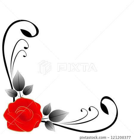 Corner composition with red rose and leaves, illustration isolated on white background. 121208377