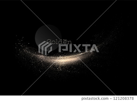 Isolated element golden arc on black background, composition with small shiny tinsel 121208378