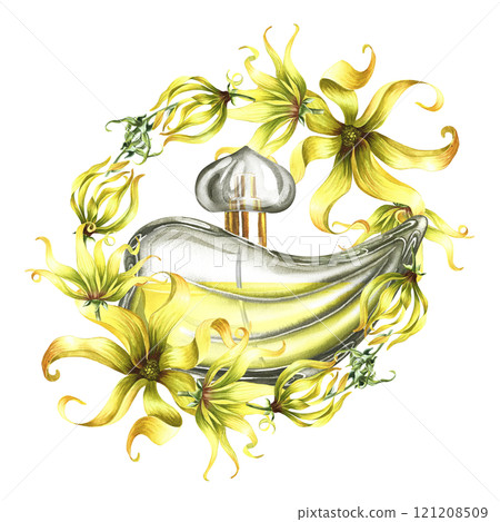 A perfume bottle made of transparent glass with ylang-ylang or kanaga flowers. Vintage yellow perfume.A hand-drawn watercolor illustration. For packaging, postcards and labels, flyers and posters. A perfume bottle made of transparent glass with ylang-ylang or kanaga flowers. Vintage yellow perfume.A hand-drawn watercolor illustration. For packaging, postcards and labels, flyers and posters. 121208509