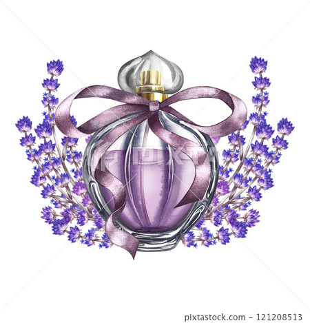 A bottle of lavender perfume and lavender flowers. Purple perfume with a ribbon bow. A watercolor illustration made by hand. Isolate her. For packaging, postcards and labels. For flyers and posters. 121208513