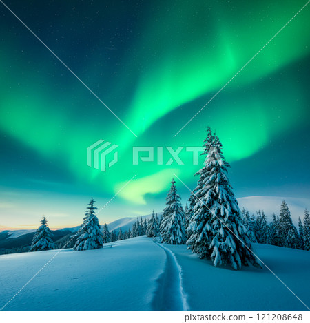 Fairy winter mountains with snowy fir-trees 121208648