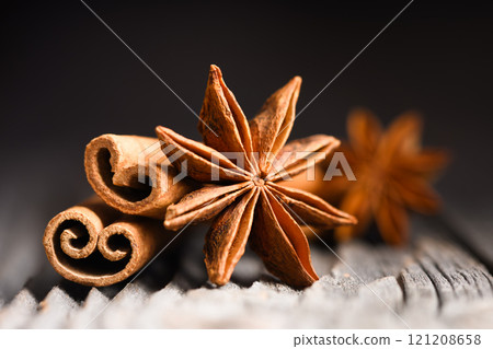 Star anise and cinnamon sticks close up 121208658