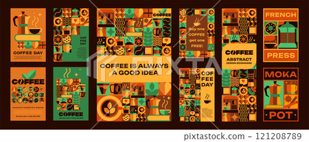 The Bauhaus Coffee posters, banners, bookmarks with seamless patterns, Icons in Geometric Vector Art Design for advertising illustrations, etc. 121208789