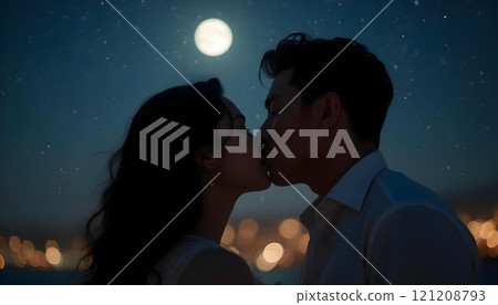 Romantic asian young couple kissing under the full moon at night. 121208793