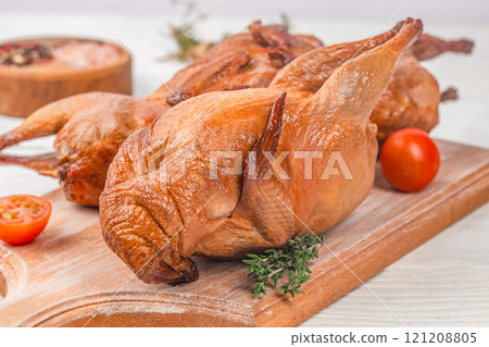 Tasty Smoked grilled quail meat with thyme on a wooden board 121208805