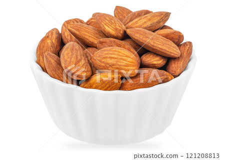 Almonds nuts in a white ceramic bowl isolated on white background Almonds nuts in a white ceramic bowl isolated on white background 121208813