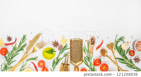 Food cooking background. Herbs, spices and vegetables at white kitchen table. Long banner format. top view. copy space 121208836