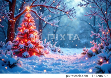 Winter landscape. Sparkling winter. Dreamy winter image A wonderland filled with flickering snowflakes, icicles and flickering lights. Christmas 121208926
