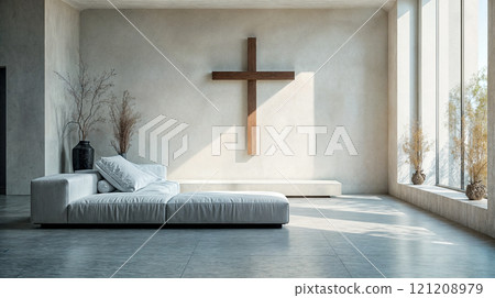 A quiet room for meditation and prayer with a cross on the wall A quiet room for meditation and prayer with a cross on the wall 121208979
