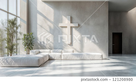 A quiet room for meditation and prayer with a cross on the wall A quiet room for meditation and prayer with a cross on the wall 121208980