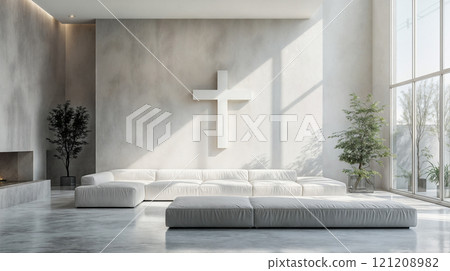 A quiet room for meditation and prayer with a cross on the wall A quiet room for meditation and prayer with a cross on the wall 121208982