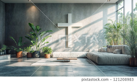 A quiet room for meditation and prayer with a cross on the wall 121208983
