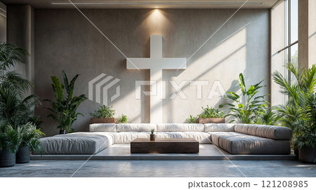 A quiet room for meditation and prayer with a cross on the wall 121208985