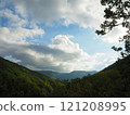 Mountain landscape with green forest and blue sky with white clouds. 121208995