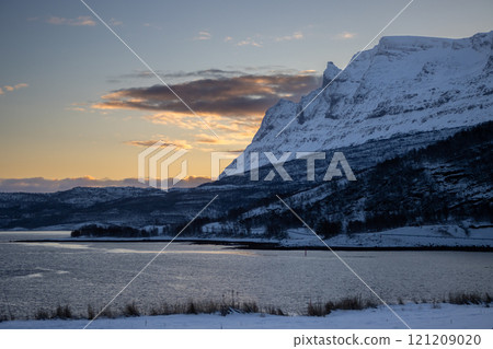 Winter landscape with a fjord and mountains,, Norway 121209020