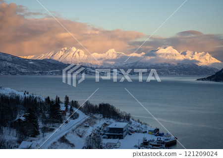 Winter landscape with a fjord and mountains,, Norway Winter landscape with a fjord and mountains,, Norway 121209024