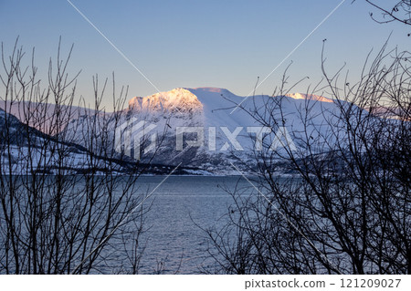 Winter landscape with a fjord and mountains,, Norway Winter landscape with a fjord and mountains,, Norway 121209027