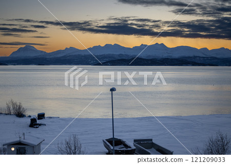 Landscape with snow, ocean and mountains, Norway 121209033