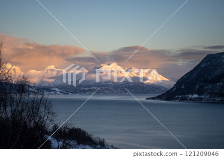 Winter landscape with a fjord and mountains,, Norway Winter landscape with a fjord and mountains,, Norway 121209046