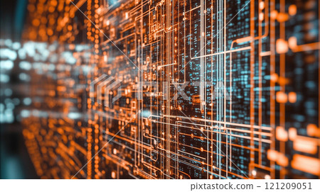 A mesmerizing abstract digital art piece depicting a complex network of circuits and data streams. 121209051