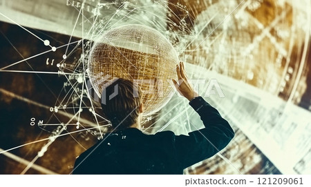 A visionary businessman interacts with a glowing 3D globe, symbolizing global connectivity and technological advancement 121209061