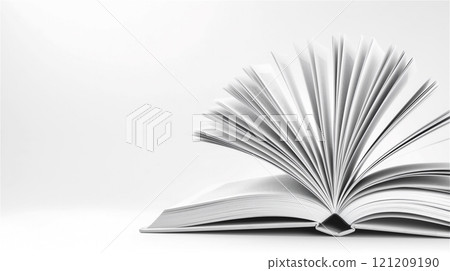 A black and white photo of an open book with pages blowing, copy space 121209190
