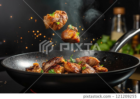 Fried pork in a frying pan with splashes on a black background 121209255