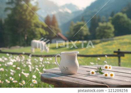 A jug of milk on a wooden table against the backdrop of a sunny field with a cow. Farm homemade product. 121209256