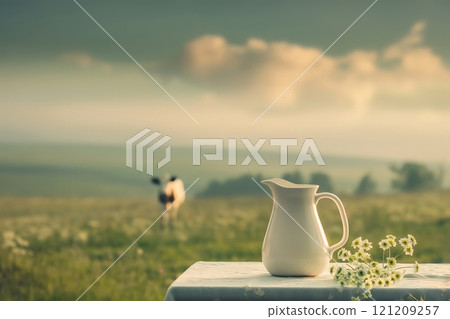 A jug of milk on a wooden table against the backdrop of a sunny field with a cow. Farm homemade product. 121209257