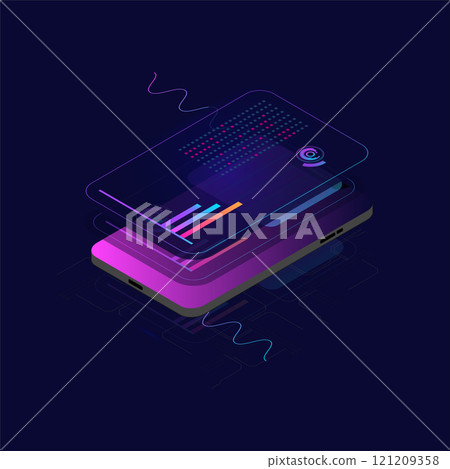 Big data processing, CPU processor isometric banner, network data transfer and calculation, dark neon violet vector. Digital money market, investment, finance and trade. Ideal for web design, banners. Big data processing, CPU processor isometric banner, network data transfer and calculation, dark neon violet vector. Digital money market, investment, finance and trade. Ideal for web design, banners. 121209358