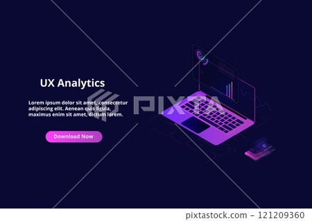 Data analytics concept banner. Can use for web banner, infographics, online statistics. Flat isometric illustrations with trendy gradients. 121209360