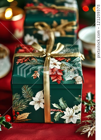 Elegant holiday gift boxes in green and red with gold ribbons, surrounded by festive decorations and a cup of tea. A perfect visual for Christmas celebrations, warmth, and festive cheer 121209378