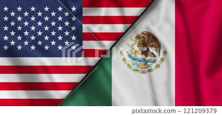 Mexico and United States two flags textile cloth, fabric texture. Waving flag. 121209379