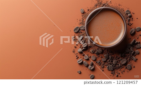 Warm cup of coffee on a rustic surface with coffee beans scattered around, copy space 121209457