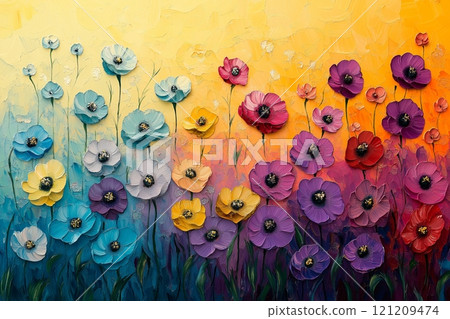 Bright floral artwork showcasing colorful flowers against a vibrant background 121209474