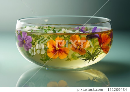 a perfectly clear soup bowl with floating edible flowers and herbs 121209484