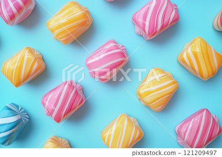 Colorful candy sweets arranged on a bright blue surface for a joyful treat 121209497