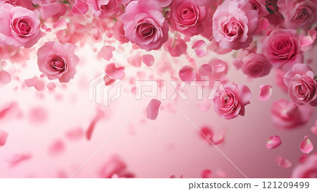 Delicate pink roses and petals create a romantic floral background, copy space Delicate pink roses and petals create a romantic floral background, copy space 121209499