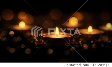 Soft candlelight flickering in a serene setting during nighttime ambiance 121209515
