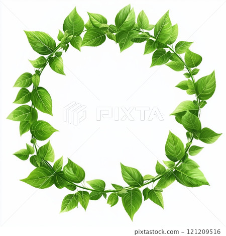 Green leaf wreath with vibrant foliage arranged in a circular pattern 121209516