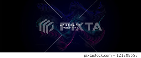 Abstract Blue, Green Gradient Flowing Dot Waving Particle geometric Technology Background. Digital Futuristic Purple, Pink Gradient Dotted Wave. Concept For Science, Music cover, website, header 121209555