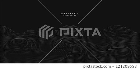 Abstract black, white Gradient Flowing Dot Waving Particle geometric Technology Background. Digital Futuristic duck grey Gradient Dotted Wave. Concept For Science, Music cover, website, header 121209558