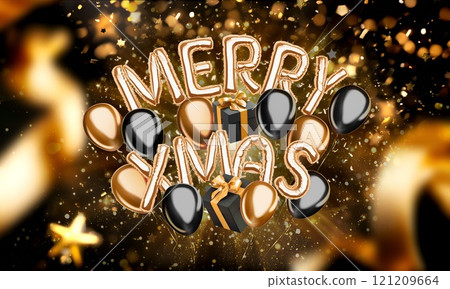 Decorative inflated foil balloon 2025 merry xmas font, black background 121209664