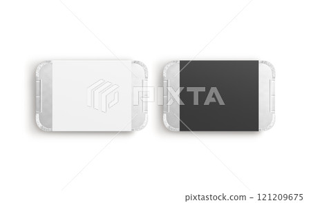 Blank black and white aluminium foil container paper label mockup 121209675