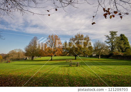 Castle Green, a public park in Shaftesbury, Dorset, UK. Open space with grass, trees and picnic tables. 121209703