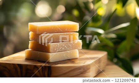 A stack of bars of soap, arranged on an olive wood board. 121209748
