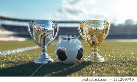 Shiny golden and silver trophy cups with a ball in front of them on a blurry stadium background. 121209749
