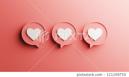 A social media-like icon with three speech bubbles, each containing one white heart symbol. 121209750