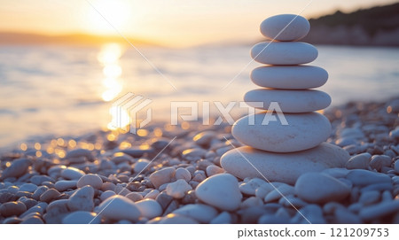 A stack of smooth white stones, carefully arranged on a pebble beach at sunset. 121209753