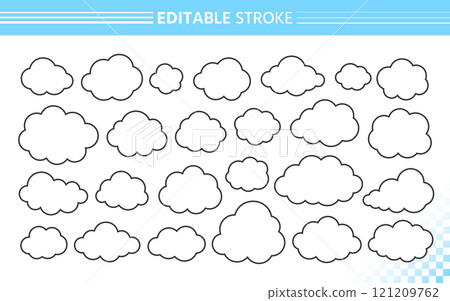 Fluffy clouds outline set. Simple hand drawn cloud shapes with editable black line stroke and white fill. Cartoon doodle airy design, minimalistic contour bubble, linear rounded and soft silhouettes 121209762
